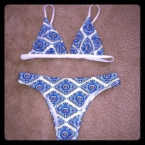 Trendy white and blue paisley patterned bikini